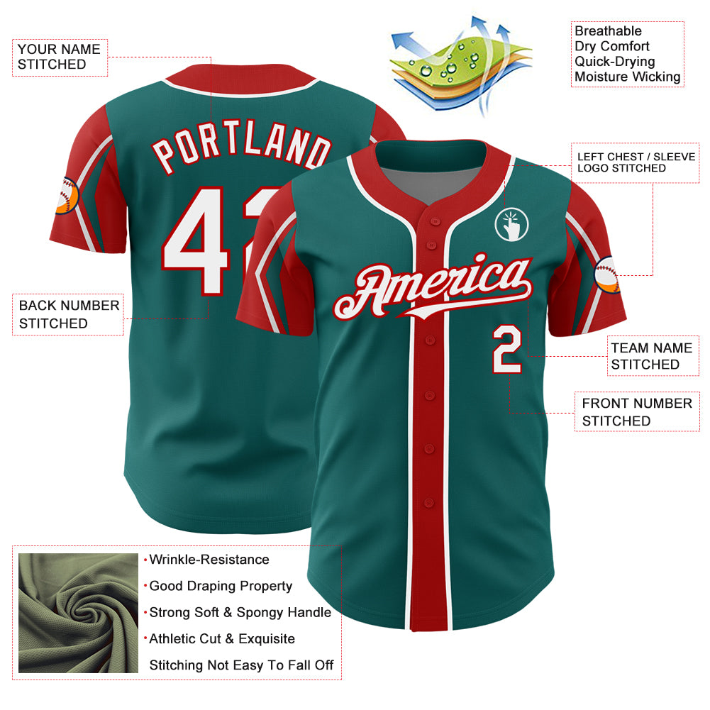 Custom Teal White-Red 3 Colors Arm Shapes Authentic Baseball Jersey