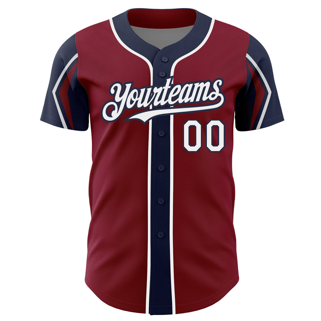 Custom Crimson White-Navy 3 Colors Arm Shapes Authentic Baseball Jersey