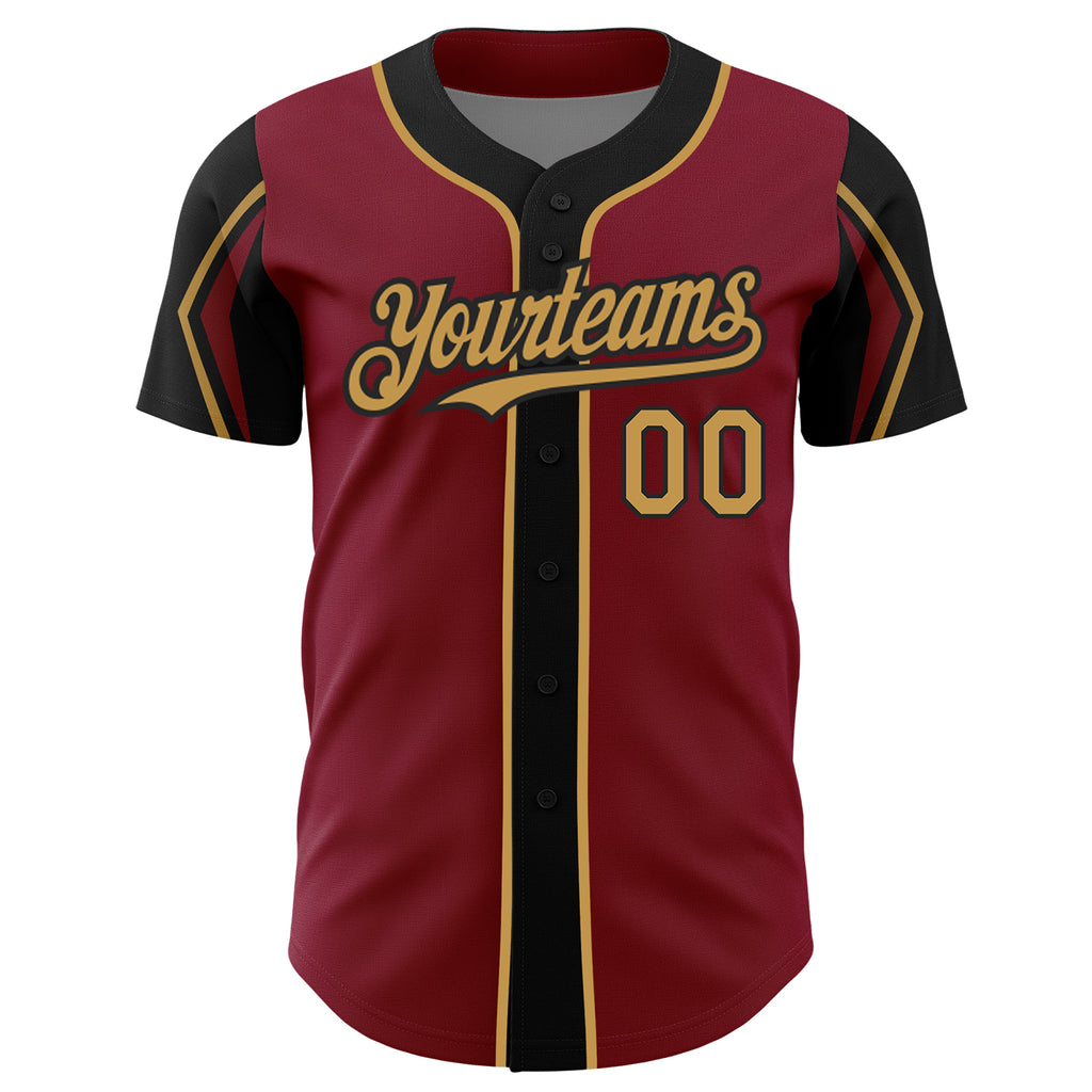 Custom Crimson Old Gold-Black 3 Colors Arm Shapes Authentic Baseball Jersey