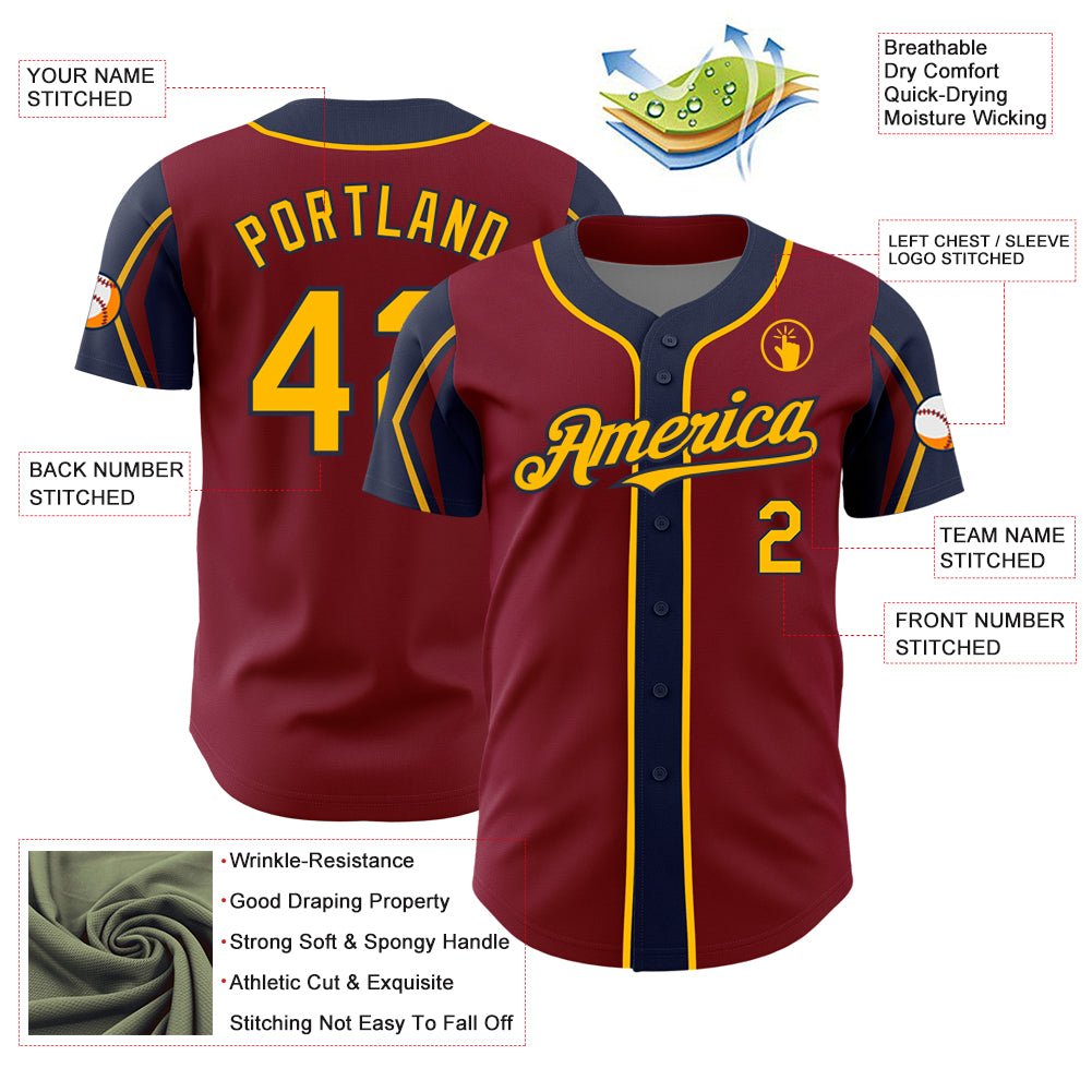 Custom Crimson Gold-Navy 3 Colors Arm Shapes Authentic Baseball Jersey