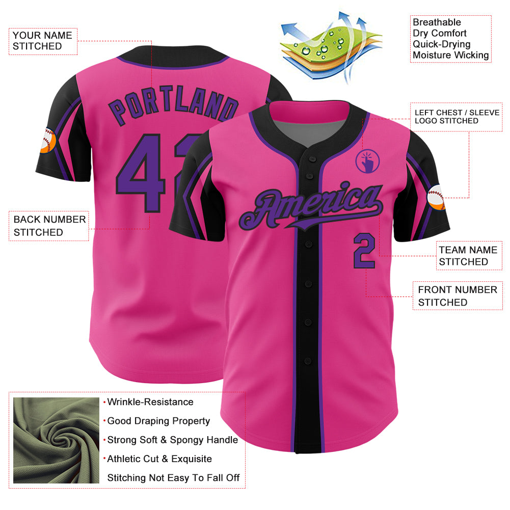 Custom Pink Purple-Black 3 Colors Arm Shapes Authentic Baseball Jersey