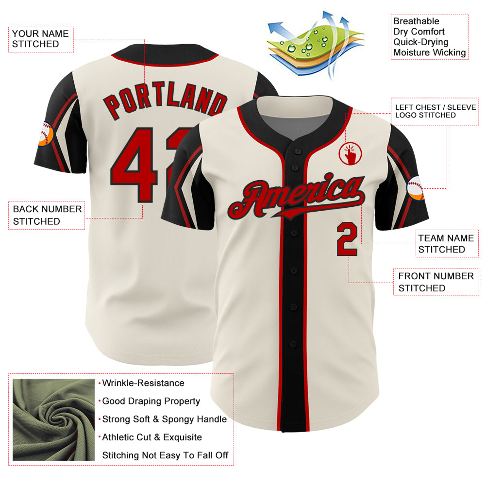 Custom Cream Red-Black 3 Colors Arm Shapes Authentic Baseball Jersey