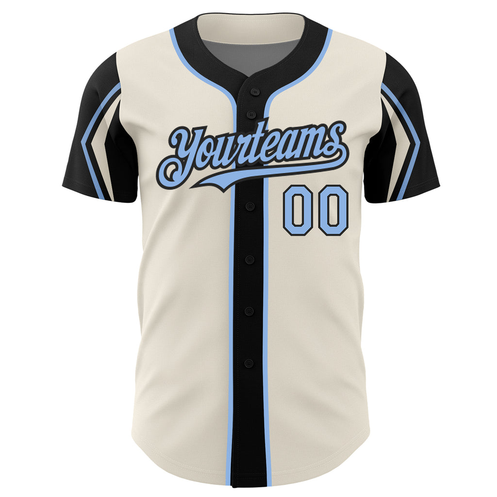 Custom Cream Light Blue-Black 3 Colors Arm Shapes Authentic Baseball Jersey