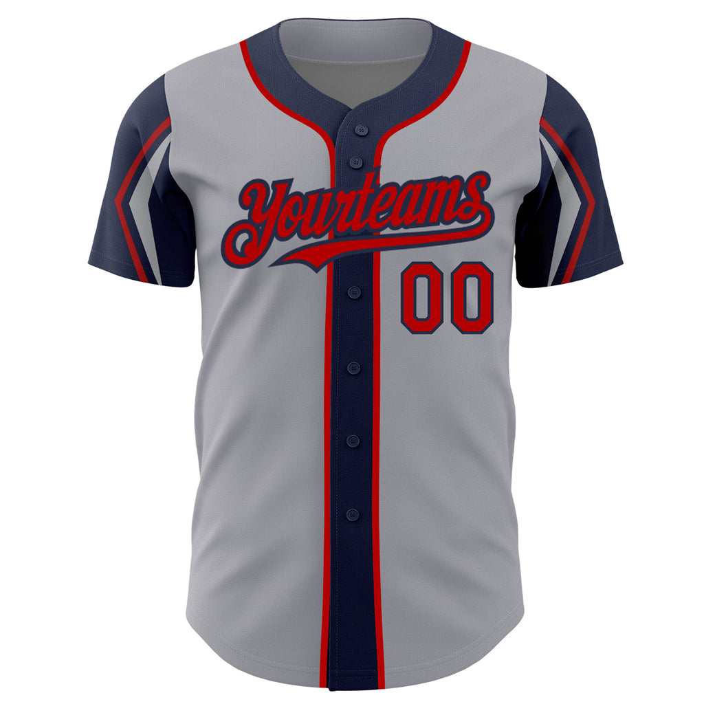 Custom Gray Red-Navy 3 Colors Arm Shapes Authentic Baseball Jersey