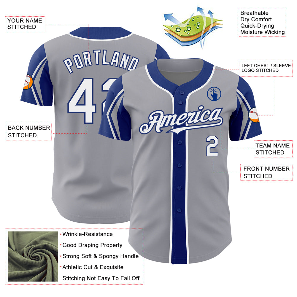 Custom Gray White-Royal 3 Colors Arm Shapes Authentic Baseball Jersey