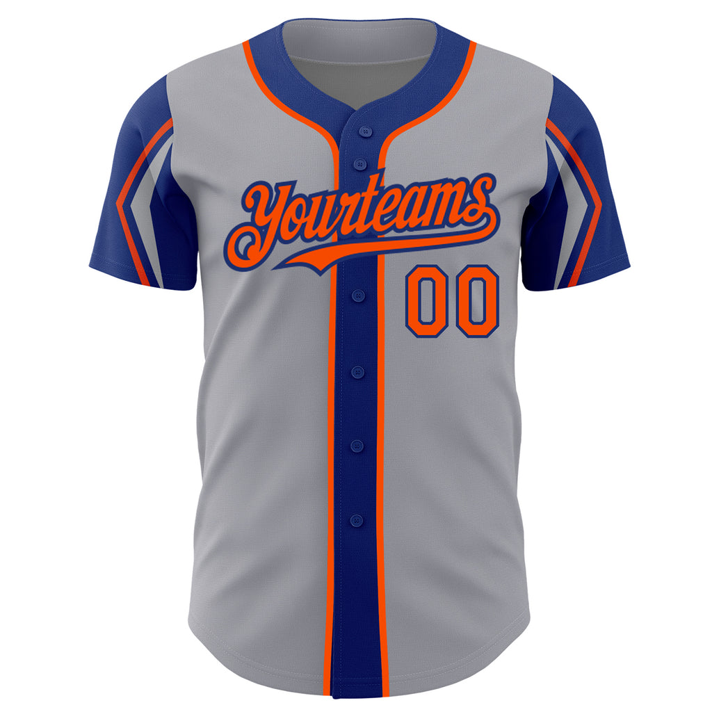 Custom Gray Orange-Royal 3 Colors Arm Shapes Authentic Baseball Jersey