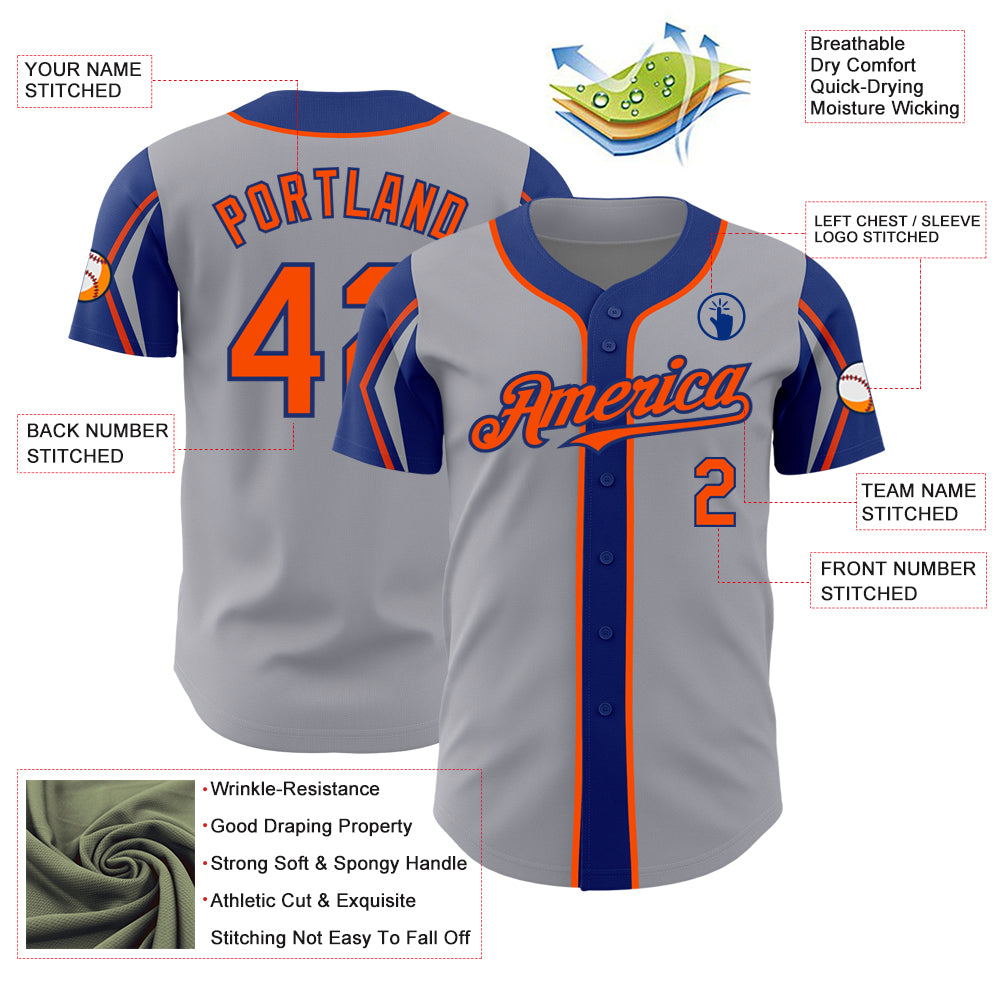 Custom Gray Orange-Royal 3 Colors Arm Shapes Authentic Baseball Jersey