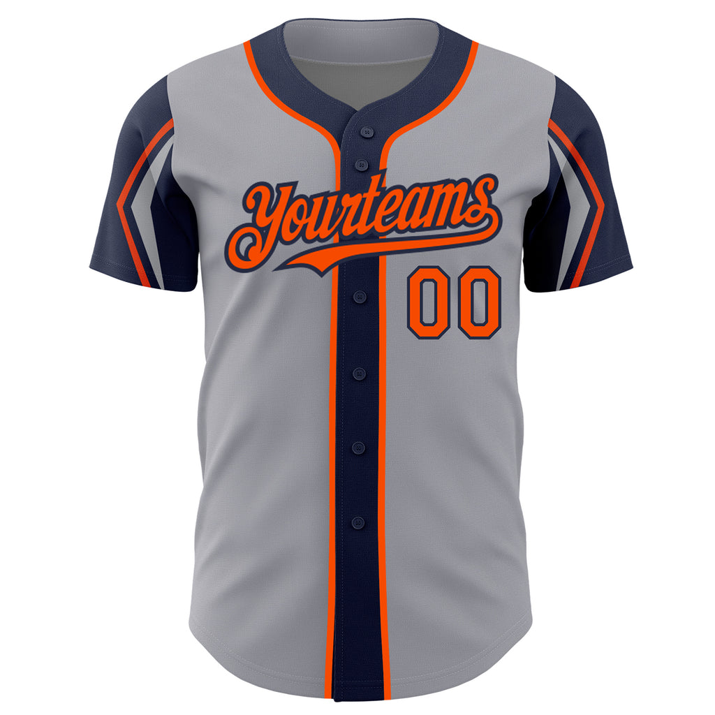 Custom Gray Orange-Navy 3 Colors Arm Shapes Authentic Baseball Jersey