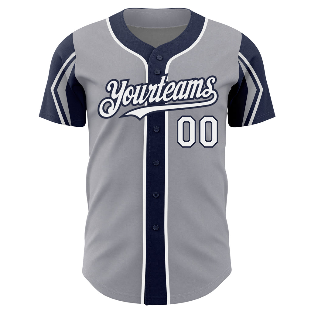 Custom Gray White-Navy 3 Colors Arm Shapes Authentic Baseball Jersey