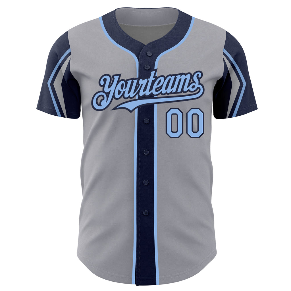Custom Gray Light Blue-Navy 3 Colors Arm Shapes Authentic Baseball Jersey
