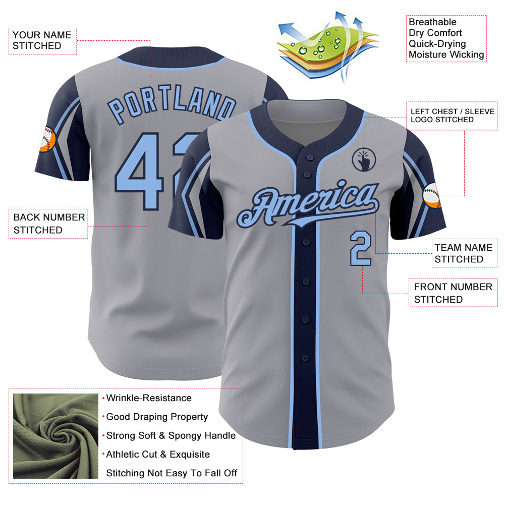 Custom Gray Light Blue-Navy 3 Colors Arm Shapes Authentic Baseball Jersey
