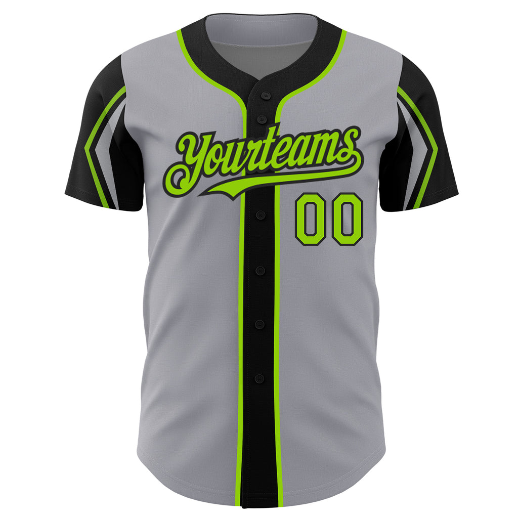 Custom Gray Neon Green-Black 3 Colors Arm Shapes Authentic Baseball Jersey