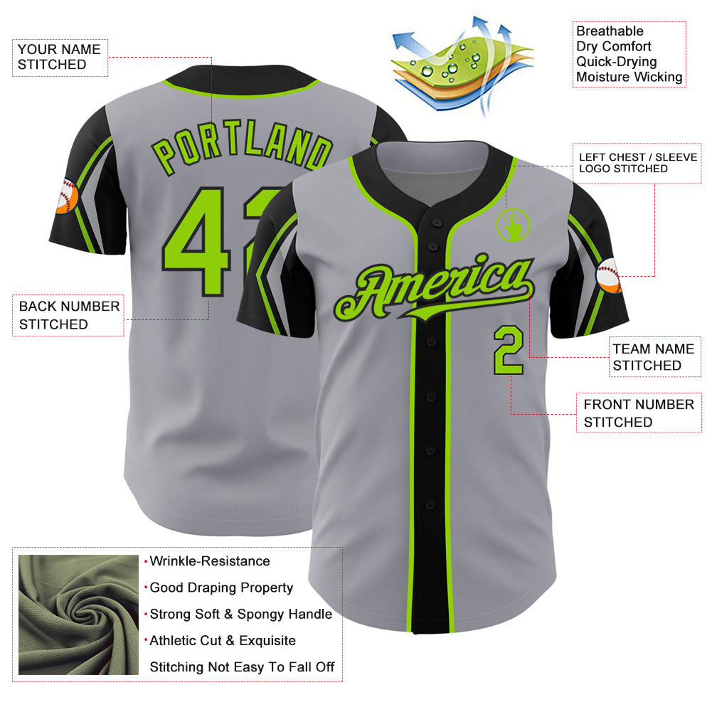Custom Gray Neon Green-Black 3 Colors Arm Shapes Authentic Baseball Jersey