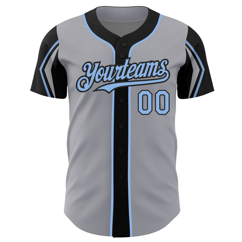 Custom Gray Light Blue-Black 3 Colors Arm Shapes Authentic Baseball Jersey