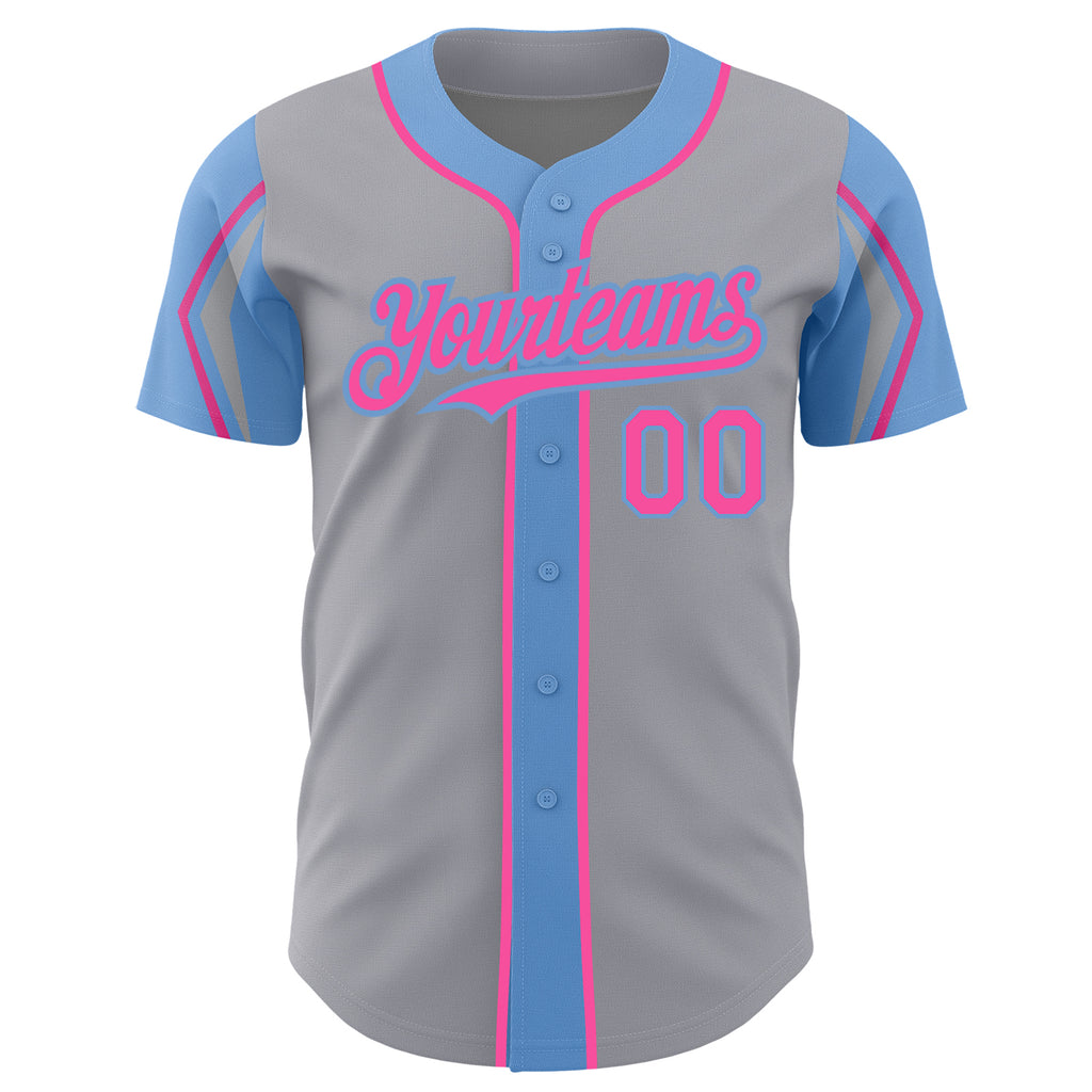 Custom Gray Pink-Light Blue 3 Colors Arm Shapes Authentic Baseball Jersey
