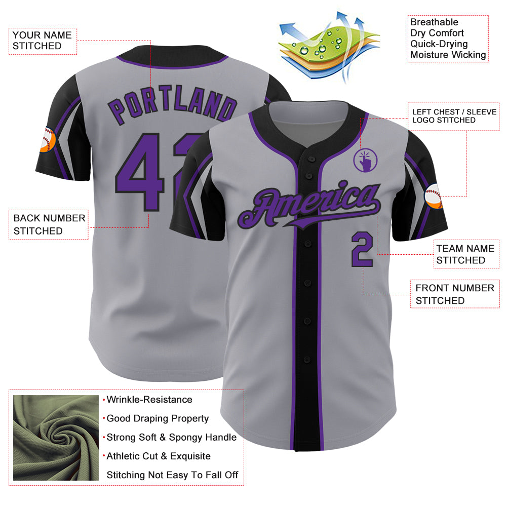 Custom Gray Purple-Black 3 Colors Arm Shapes Authentic Baseball Jersey