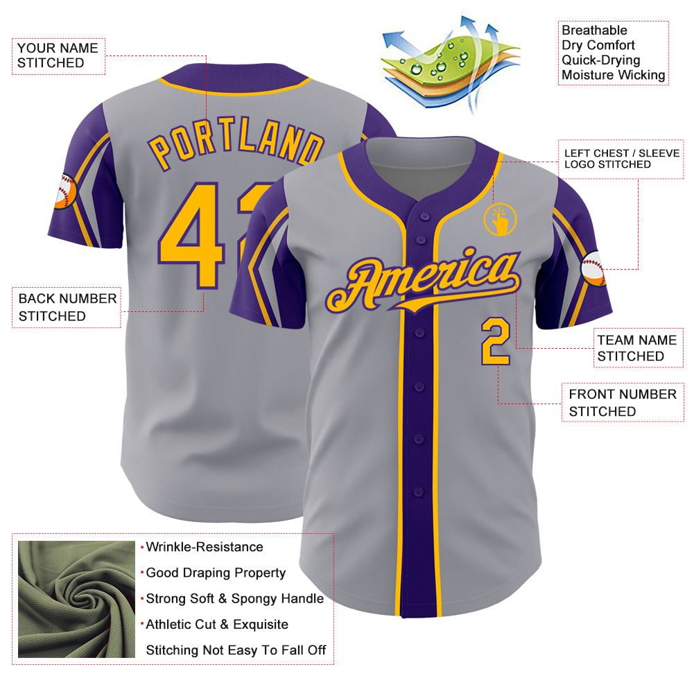 Custom Gray Gold-Purple 3 Colors Arm Shapes Authentic Baseball Jersey