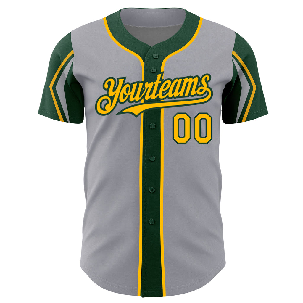 Custom Gray Gold-Green 3 Colors Arm Shapes Authentic Baseball Jersey