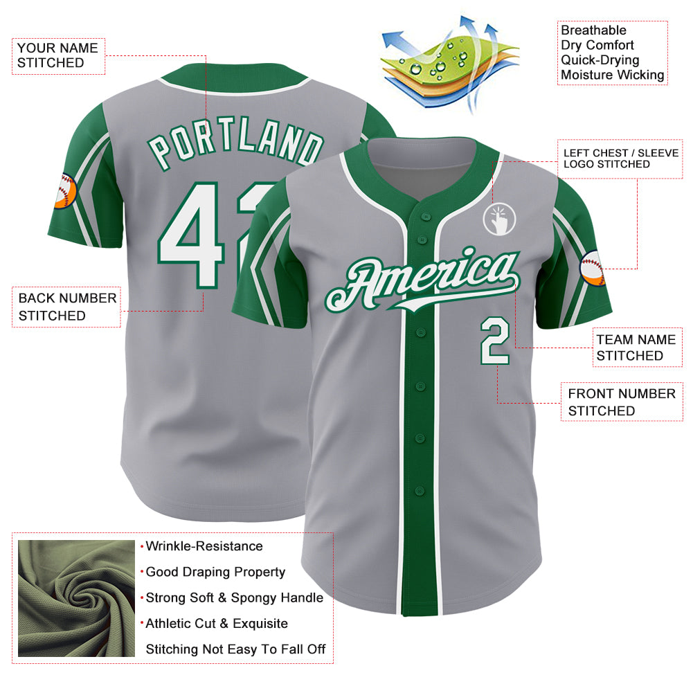 Custom Gray White-Kelly Green 3 Colors Arm Shapes Authentic Baseball Jersey