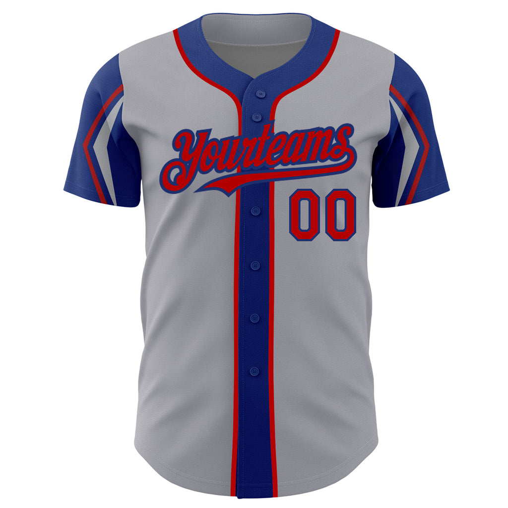 Custom Gray Red-Royal 3 Colors Arm Shapes Authentic Baseball Jersey