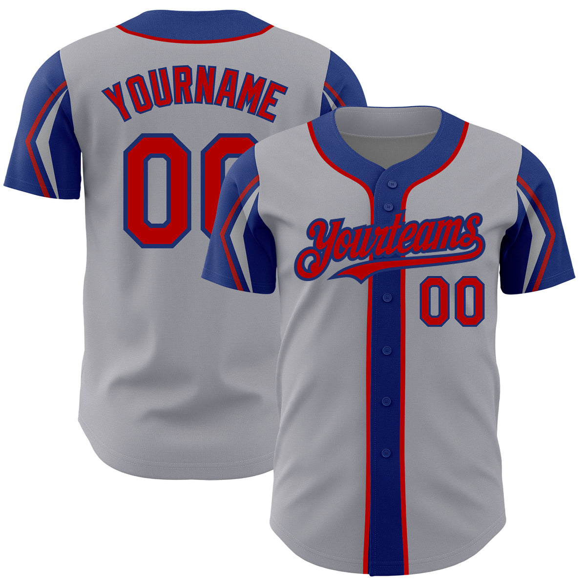 Custom Gray Red-Royal 3 Colors Arm Shapes Authentic Baseball Jersey ...