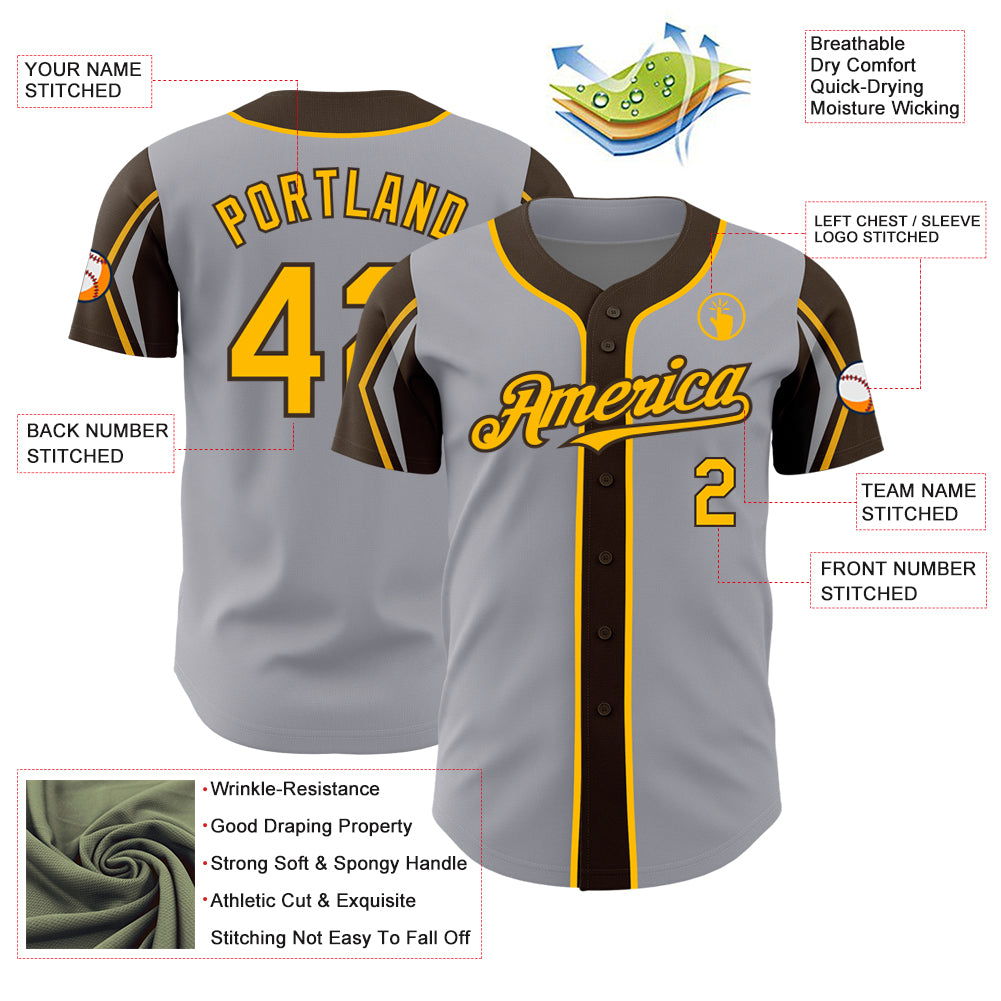Custom Gray Gold-Brown 3 Colors Arm Shapes Authentic Baseball Jersey