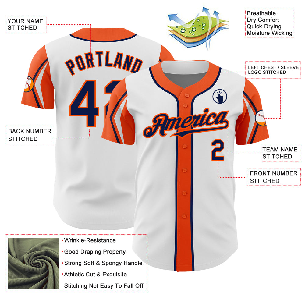 Custom White Navy-Orange 3 Colors Arm Shapes Authentic Baseball Jersey