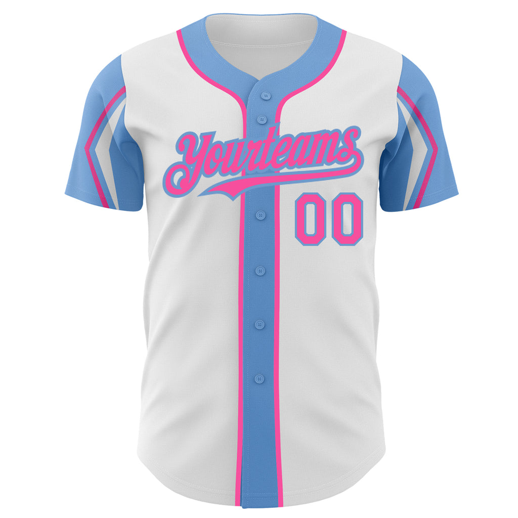 Custom White Pink-Light Blue 3 Colors Arm Shapes Authentic Baseball Jersey