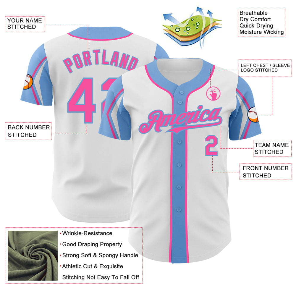 Custom White Pink-Light Blue 3 Colors Arm Shapes Authentic Baseball Jersey