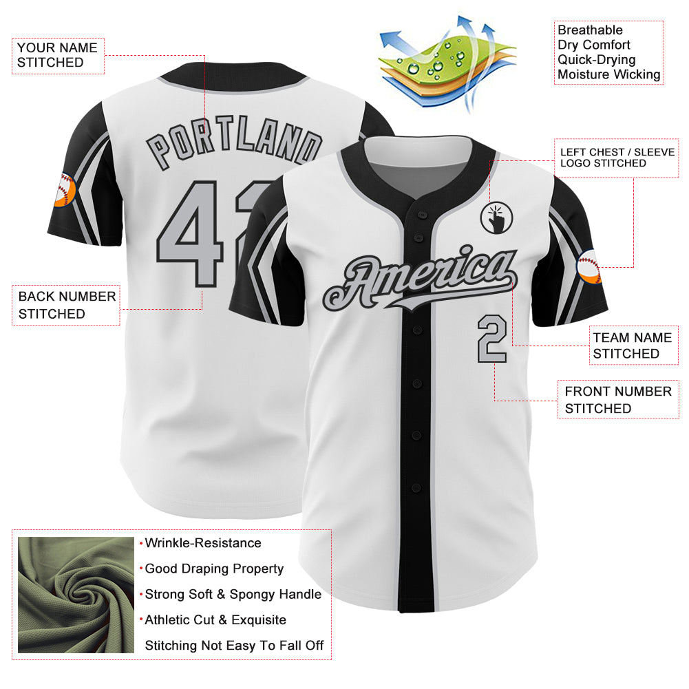 Custom White Gray-Black 3 Colors Arm Shapes Authentic Baseball Jersey