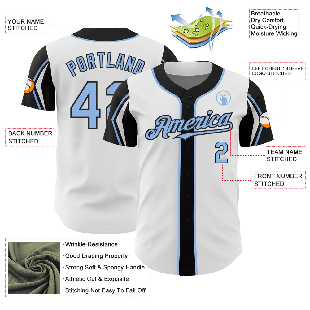 Custom White Light Blue-Black 3 Colors Arm Shapes Authentic Baseball Jersey