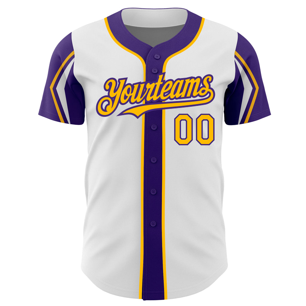 Custom White Gold-Purple 3 Colors Arm Shapes Authentic Baseball Jersey