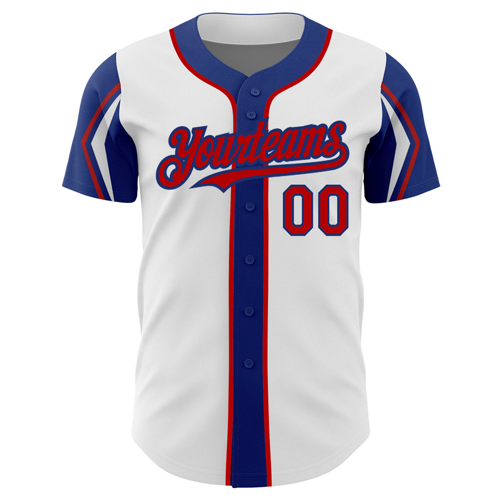 Custom White Red-Royal 3 Colors Arm Shapes Authentic Baseball Jersey