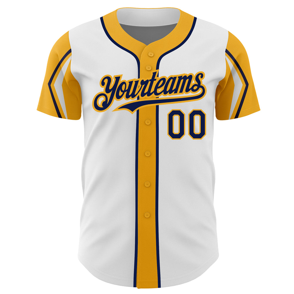 Custom White Navy-Gold 3 Colors Arm Shapes Authentic Baseball Jersey