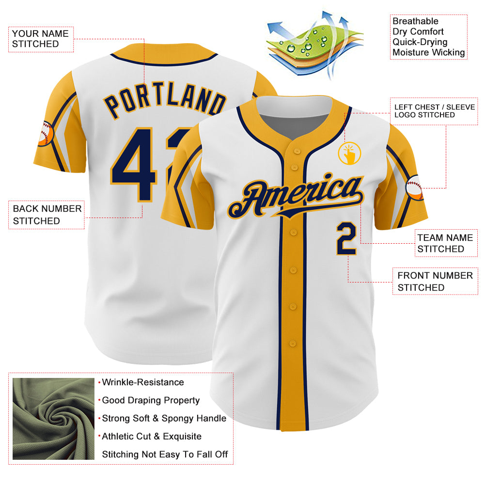Custom White Navy-Gold 3 Colors Arm Shapes Authentic Baseball Jersey