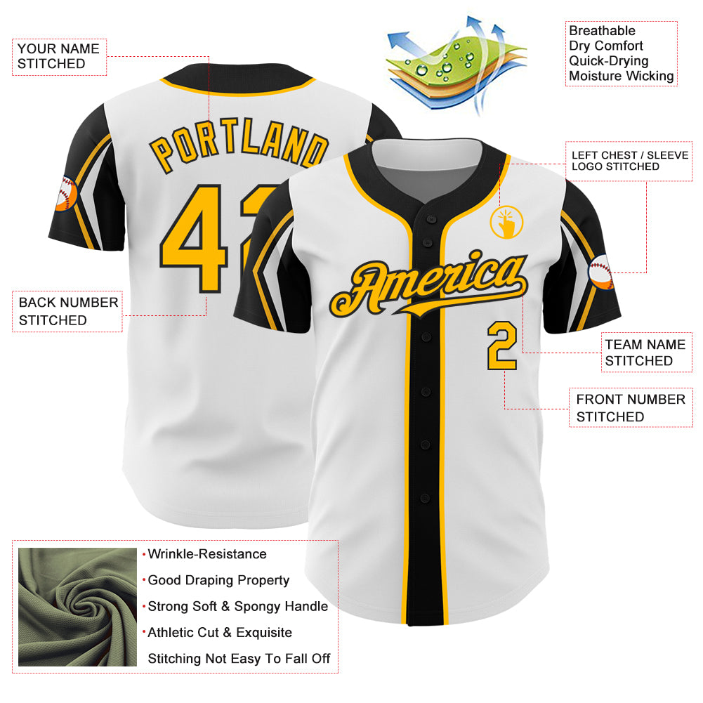 Custom White Gold-Black 3 Colors Arm Shapes Authentic Baseball Jersey