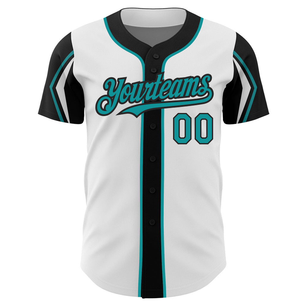 Custom White Teal-Black 3 Colors Arm Shapes Authentic Baseball Jersey