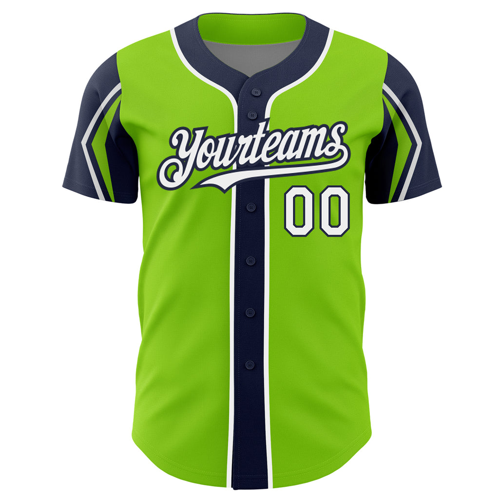 Custom Neon Green White-Navy 3 Colors Arm Shapes Authentic Baseball Jersey