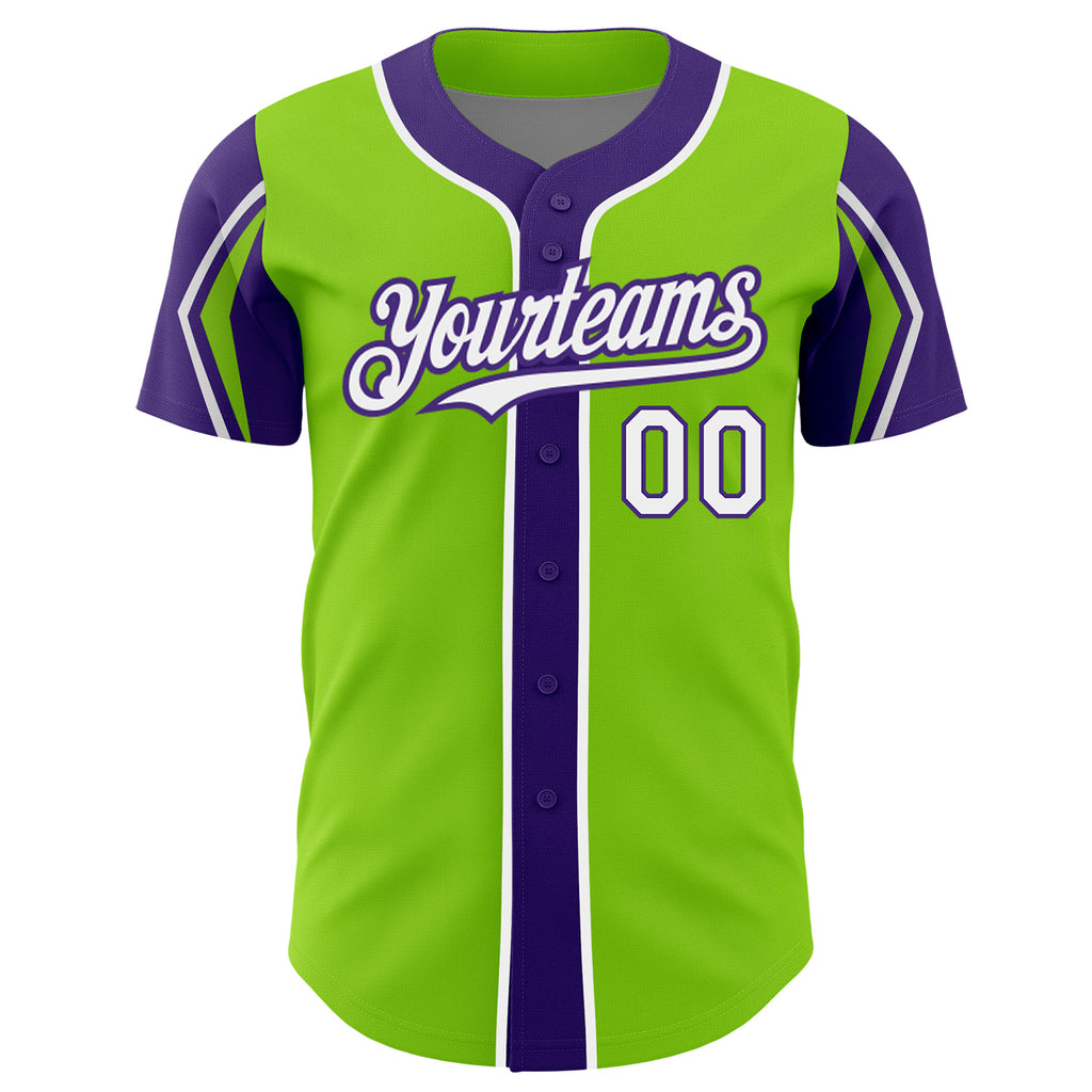 Custom Neon Green White-Purple 3 Colors Arm Shapes Authentic Baseball Jersey