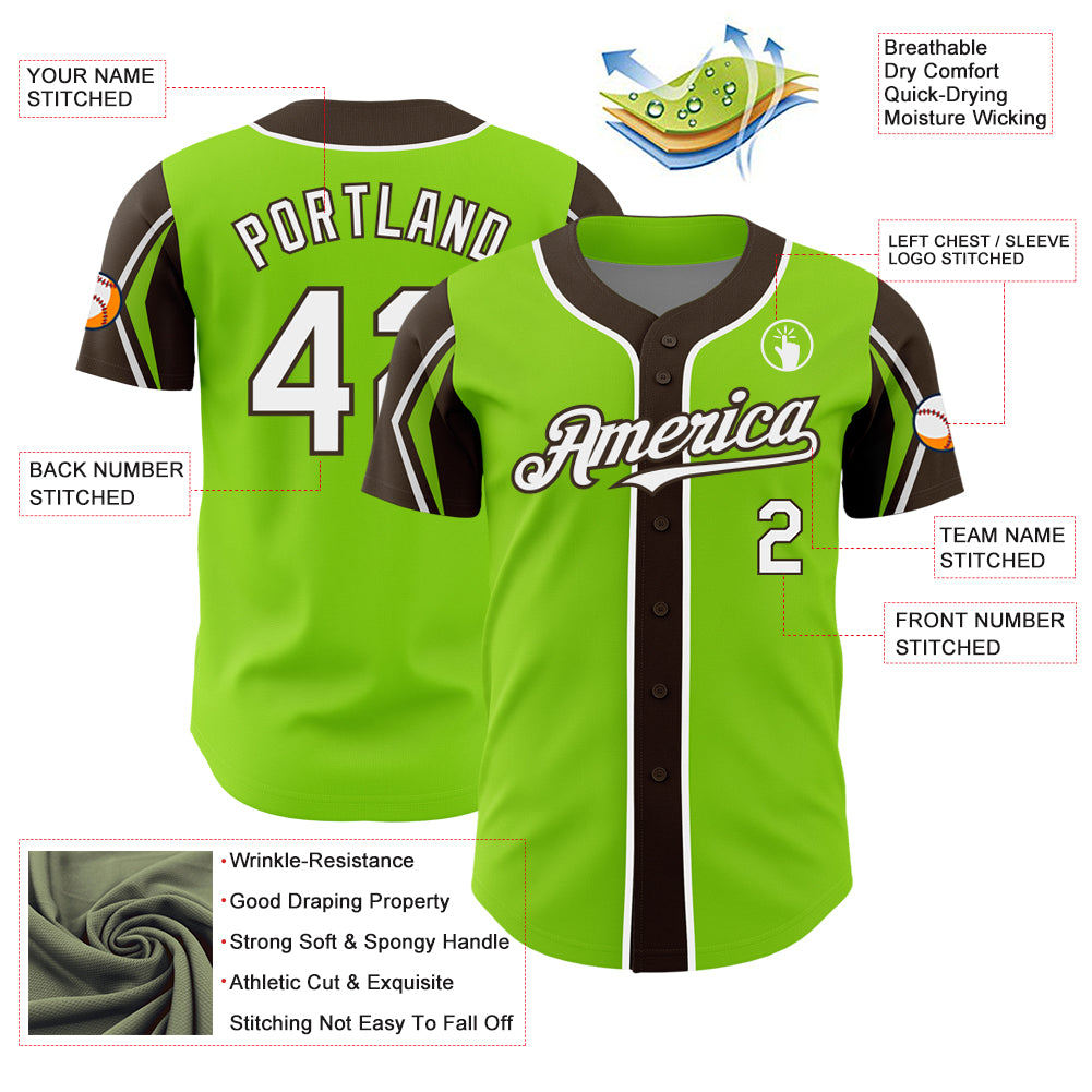 Custom Neon Green White-Brown 3 Colors Arm Shapes Authentic Baseball Jersey