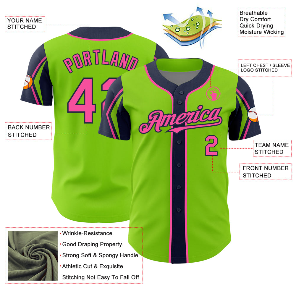 Custom Neon Green Pink-Navy 3 Colors Arm Shapes Authentic Baseball Jersey