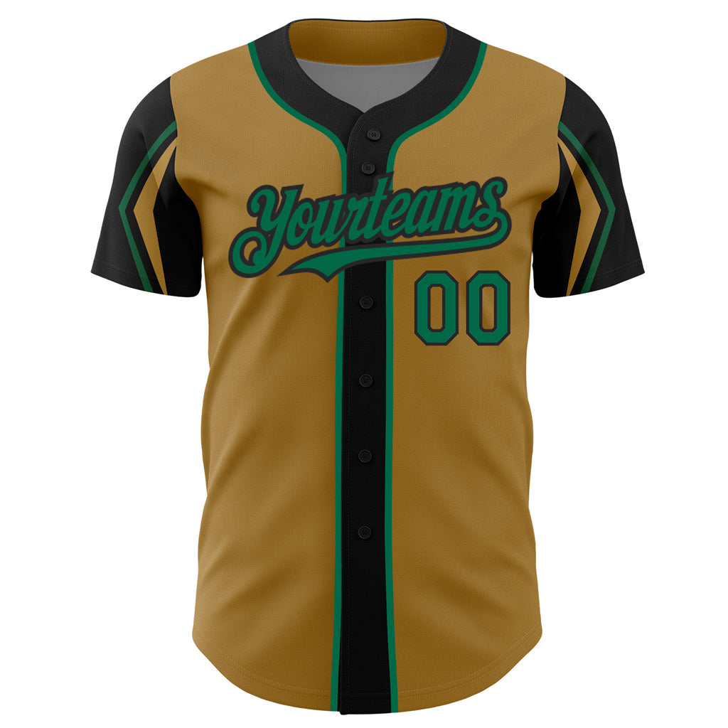 Custom Old Gold Kelly Green-Black 3 Colors Arm Shapes Authentic Baseball Jersey