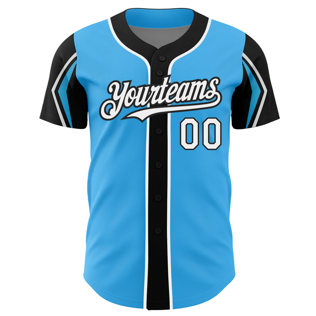 Custom Sky Blue White-Black 3 Colors Arm Shapes Authentic Baseball Jersey