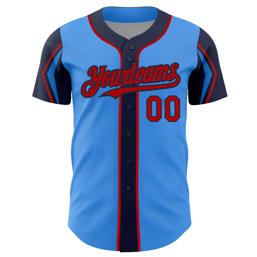 Custom Electric Blue Red-Navy 3 Colors Arm Shapes Authentic Baseball Jersey
