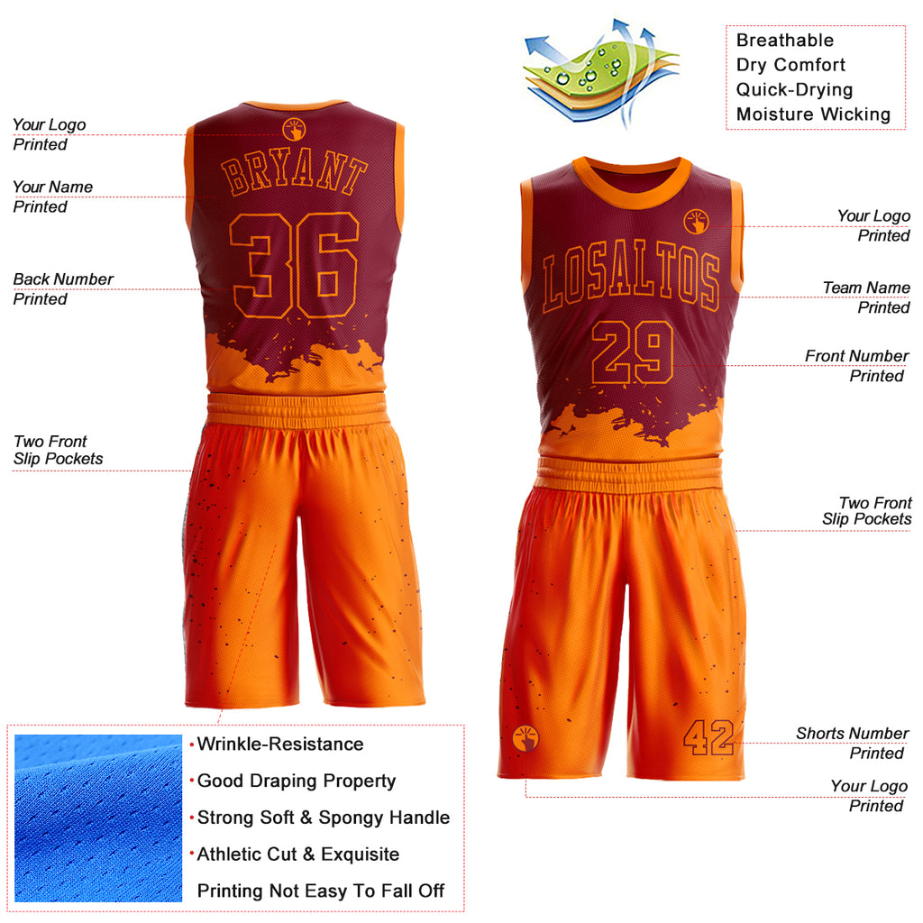 Custom Maroon Bay Orange Color Splash Round Neck Sublimation Basketball Suit Jersey