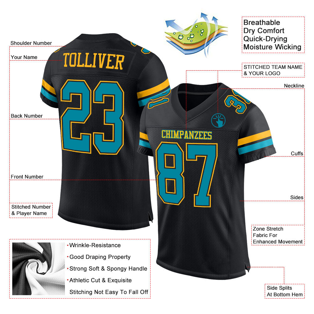 Custom Black Teal-Gold Mesh Authentic Football Jersey