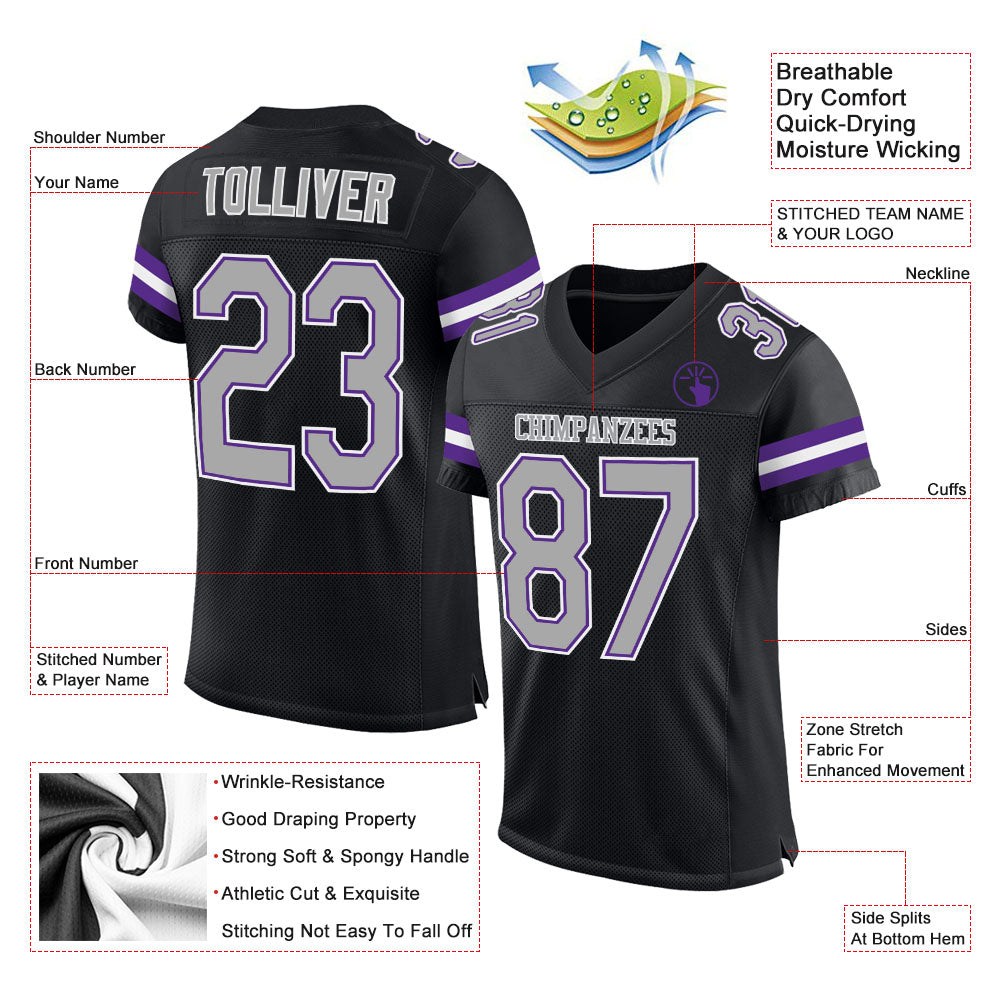 Custom Black Gray-Purple Mesh Authentic Football Jersey