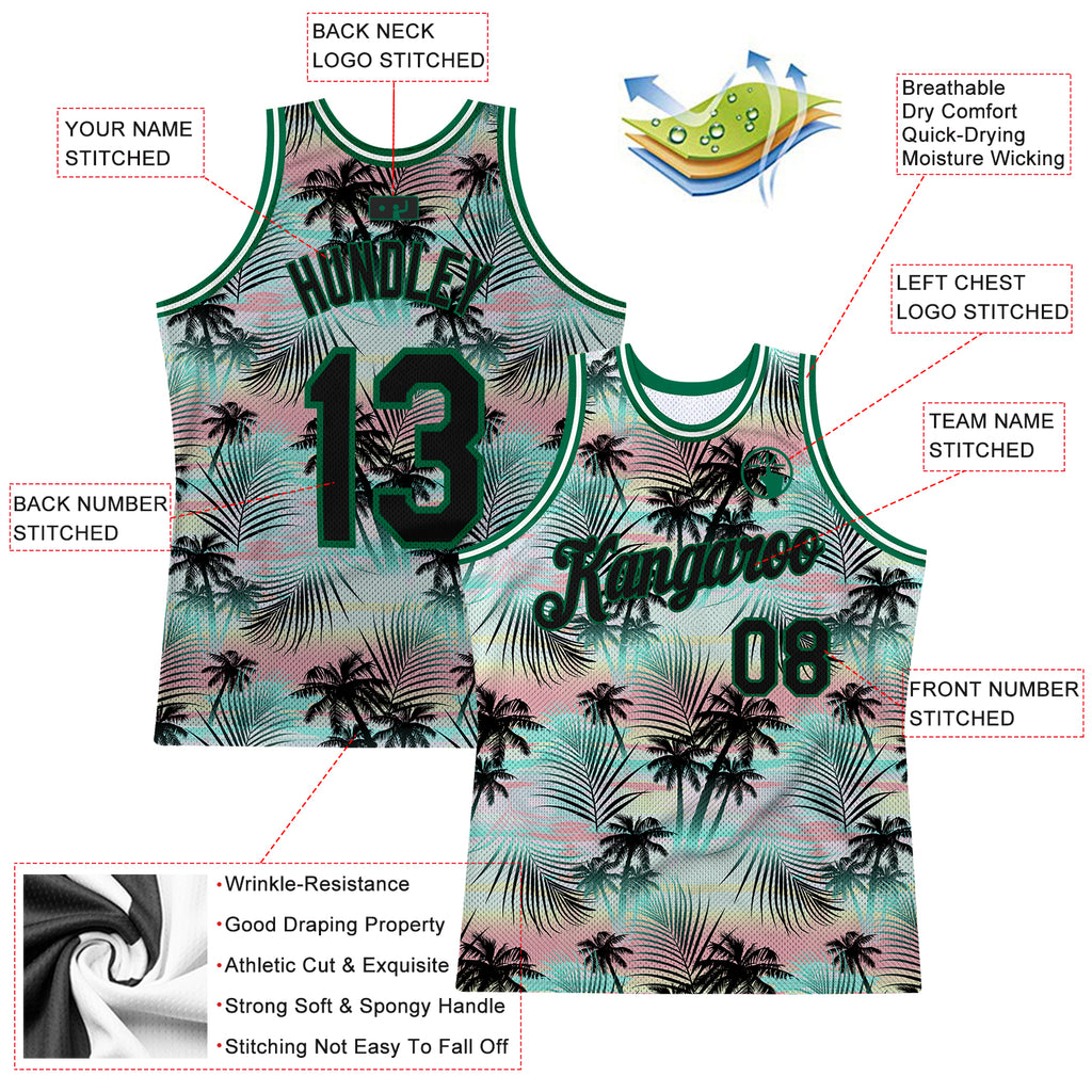 Custom Black Black-Kelly Green 3D Pattern Tropical Palm Leaves Authentic Basketball Jersey
