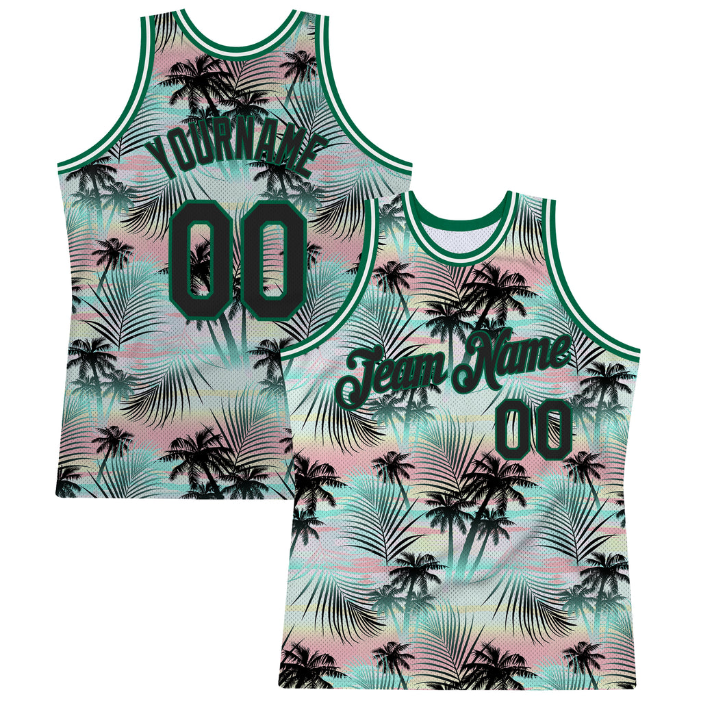 Custom Black Black-Kelly Green 3D Pattern Tropical Palm Leaves Authentic Basketball Jersey