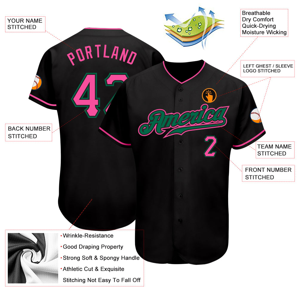 Custom Black Pink-Kelly Green Authentic Baseball Jersey